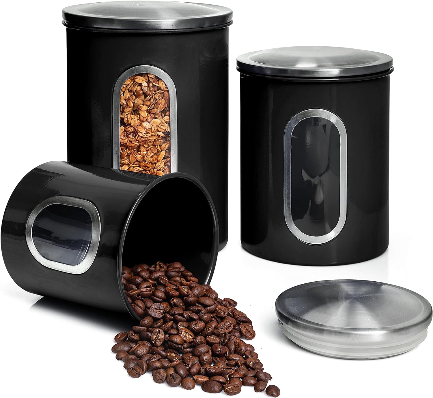 Mixpresso 3 Piece Black Canisters Sets For The Kitchen, Kitchen Jars With See Window, Airtight Coffee Container Tea Organizer & Sugar Canister