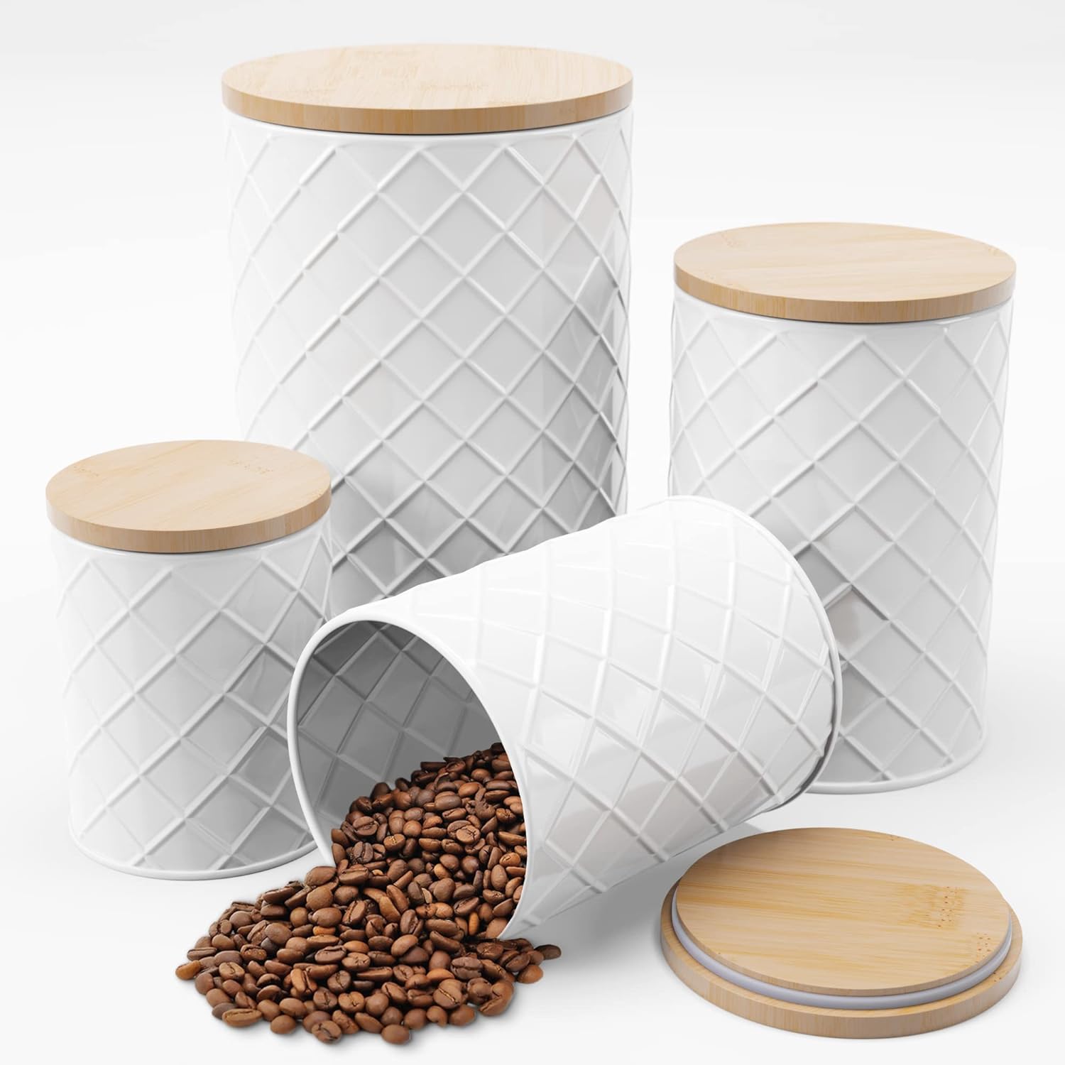 Pebble & Stem White Metal Canisters Sets for the Kitchen Counter,